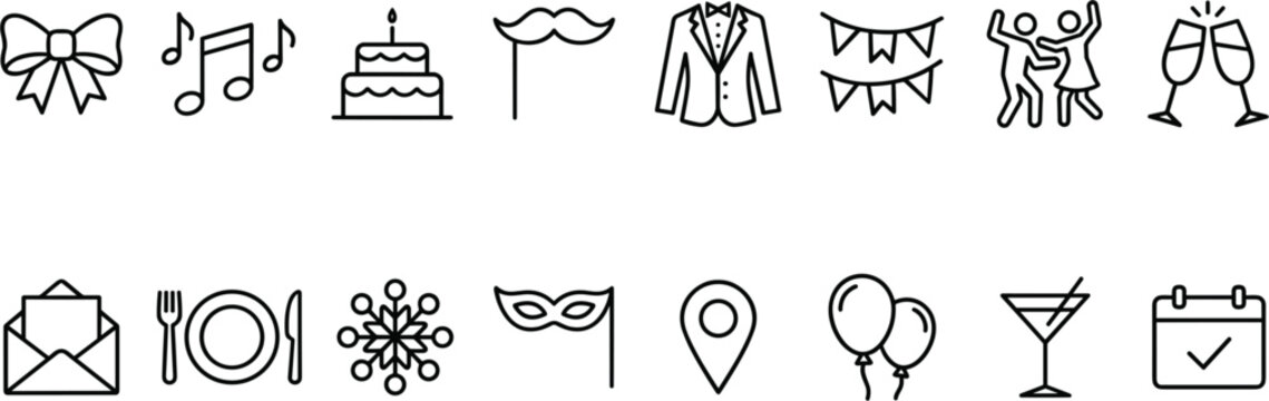 Party and Celebration Icon Collection Featuring Event Invitations Music Balloons Cocktails and Festive Symbols