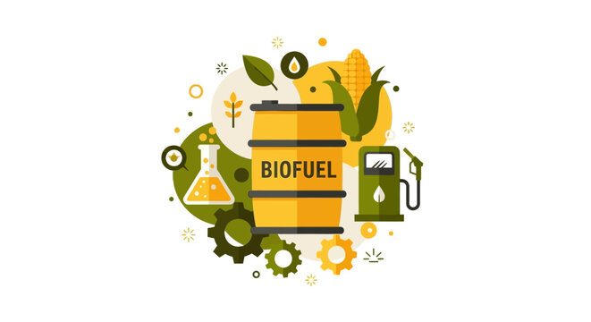 Biofuel Renewable Energy Concept Illustration with Oil Barrel, Corn, and Gas Pump - Sustainable Fuel Industry Vector Art