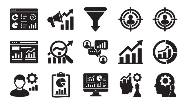 Business analytics icons, data visualization symbols, 16 black infographic elements, vector graphics