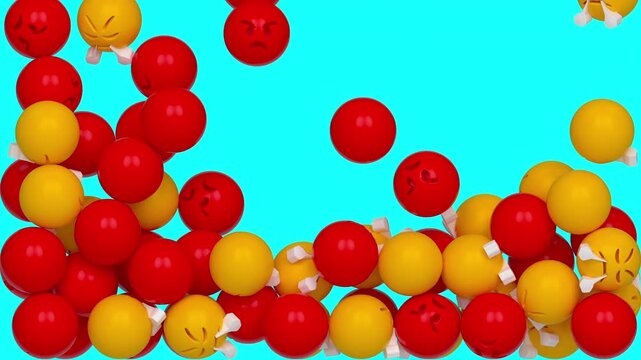 Angry emoji faces falling and piling up on sky blue background. Red and yellow angry emoji spheres or balls tumble down into a bright cyan backdrop and build a dense pile. Rage or stress concepts.