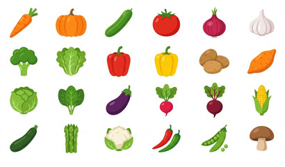 Fototapeta premium Fresh Vegetable Icon Collection Colorful Food and Garden Produce Vector Illustration