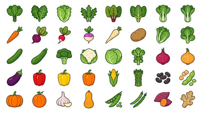 Fototapeta premium Color Vegetable Icons Set with Organic Farm Produce and Healthy Food Vector Collection