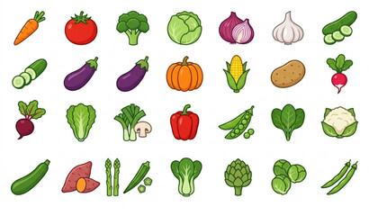 Fototapeta premium Vegetable Icon Collection Color Vector Illustration with Fresh Farm Vegetables Set