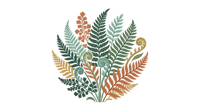 Earthy Tones Botanical Illustration of Various Fern Fronds and Fiddleheads Isolated on White
