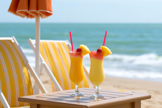 Refreshing tropical cocktails on beach table with ocean waves and sun loungers in summer