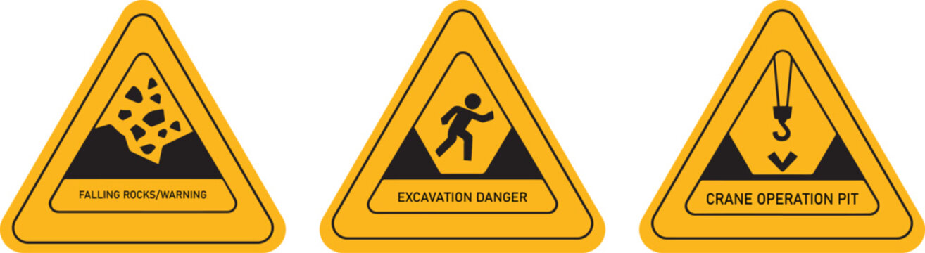 Industrial Warning Triangle Signs Set with Flammable Radiation and Crane