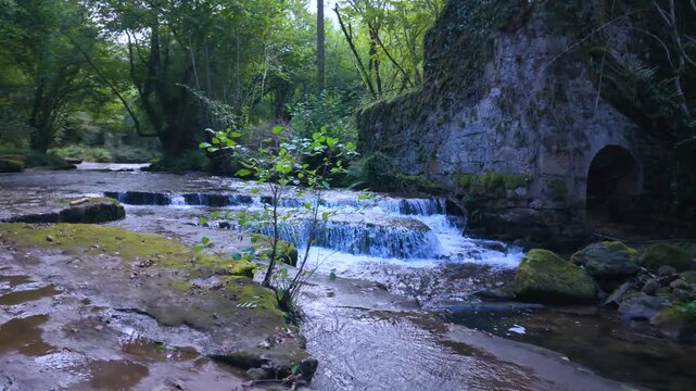 Landscape along a river near San Pedro del Romeral. Pas-Miera region. Pasiegos Valleys. Cantabria. Spain. Europe