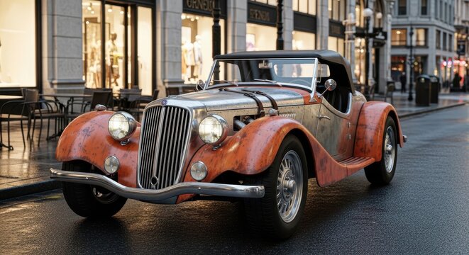 Vintage two-tone roadster driving through urban street