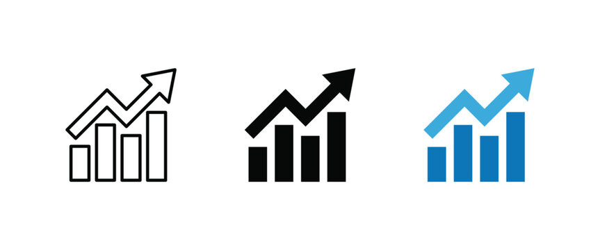 Business growth bar chart with rising arrow, financial progress statistics, corporate success analysis and revenue sales increase icon set vector illustration