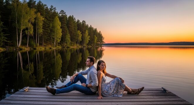 Couple enjoying sunset on a lakeside raft