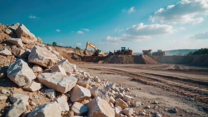 Obraz premium Stunning photo of Panoramic view of a quarry site with heavy earthmoving equipment and rock piles