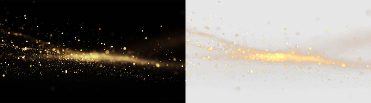 Bright golden dust moves in the air on a clear background and creates patterns and shapes at a slow pace