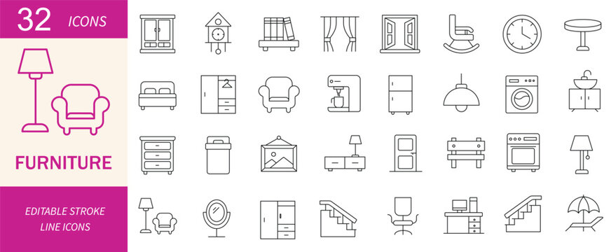 Minimalist furniture line icons set, modern home interior and household appliances vector collection, 32 thin stroke symbols for real estate and decor