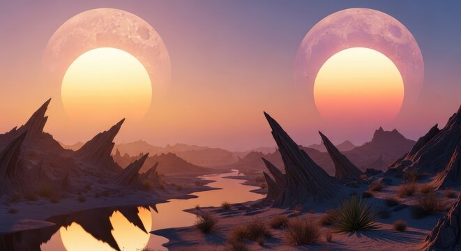 Dual celestial bodies over alien spires at twilight