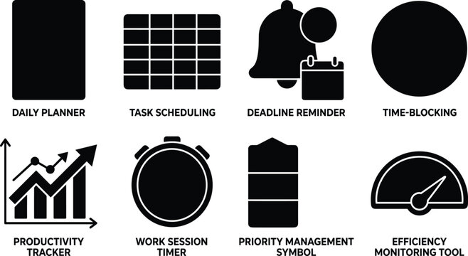 Productivity and Time Management Icons Collection for Planning and Workflow Optimization