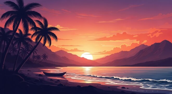 Serene sunset over tropical ocean waters with palm silhouette
