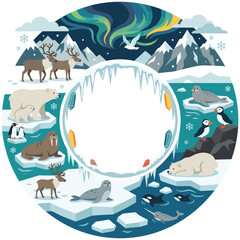 Arctic animals in a round frame with aurora borealis and ice crystals. © MDTAZBIRHOSSAIN