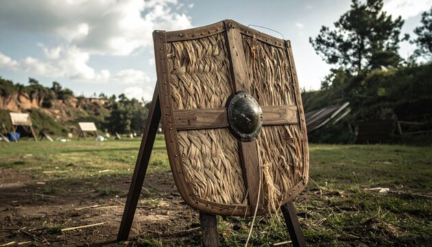 Rustic Viking Straw Shield on Wooden Stand at Outdoor Training Range, Medieval Reenactment Target with Grassy Field and Cloudy Sky, Historical Combat Practice Background