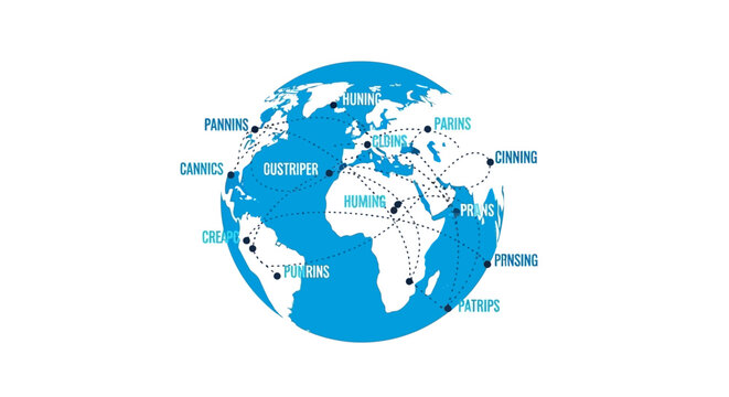Global Logistics and Connectivity Network Concept Map with Flight Paths and Communication Lines on White Background