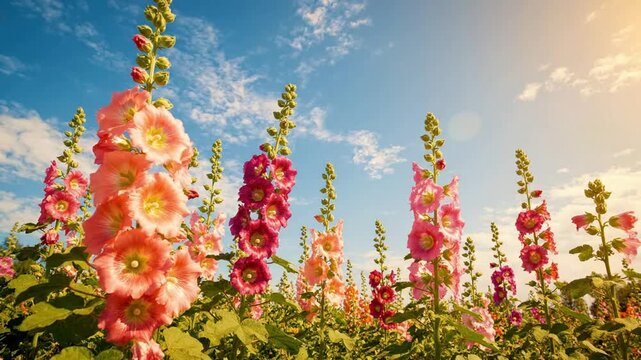Vibrant hollyhock flowers blooming in summer garden under blue sky, low angle view of colorful alcea rosea plants in sunny meadow
