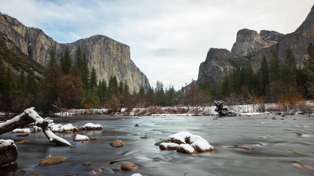 Winter time lapse of the Merced River in Yosemite National Park. El Capitan can be seen in the background.