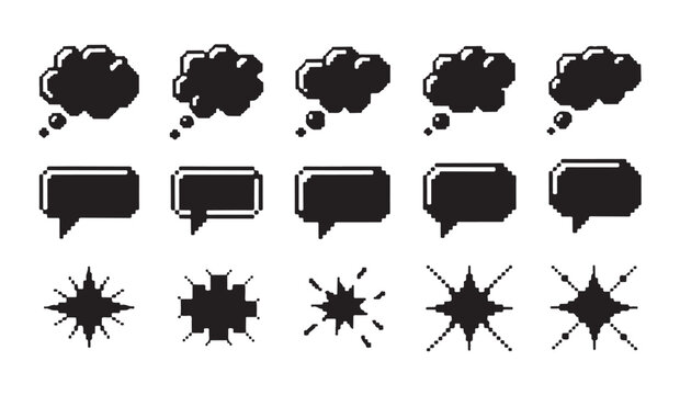Retro pixelated cloud bubbles and explosion bursts icons.