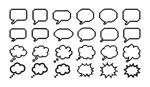 Set of pixel art speech bubbles vector collection for retro game design and digital interfaces.
