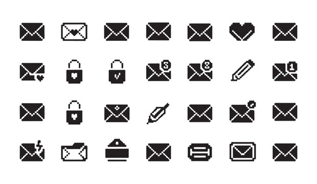 Pixelated envelope and letter icons for email communication and digital messaging systems set.