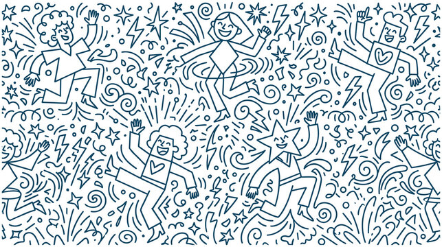 Dancing people line art pattern with festive doodles and star shapes.