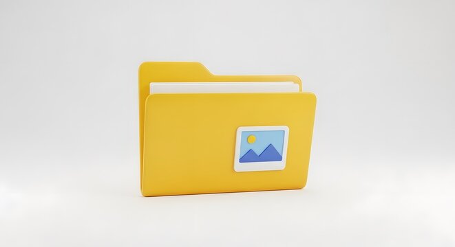 Digital file management and media organization concept, 3D flat style yellow folder icon with an image thumbnail on the front