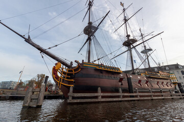 Replica of the historic Dutch East India Company ship Amsterdam docked outside the National Maritime Museum in Amsterdam © virin