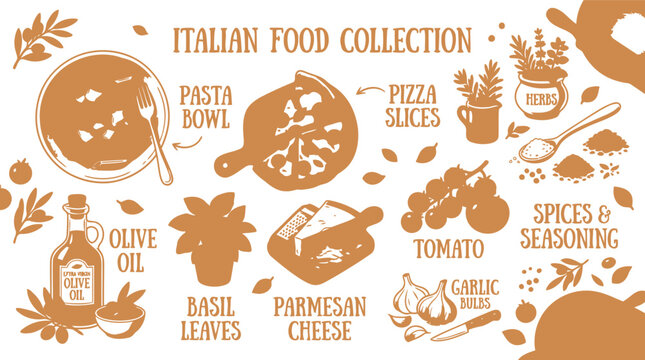 Hand drawn italian food collection with pasta and pizza