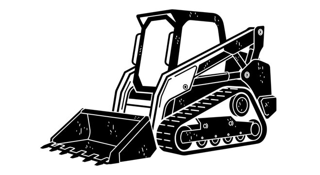 Black and White Vector Illustration of a Compact Track Loader Construction Machine