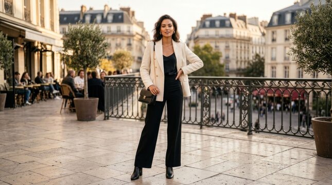 Elegant Woman Posing in Parisian Street Cafe.
