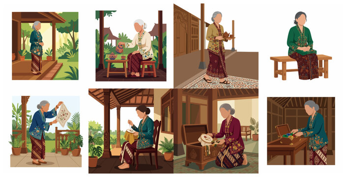 Collection of Indonesian Grandmother Vector Illustrations Wearing Traditional Javanese Kebaya and Batik in Various Daily Life Activities