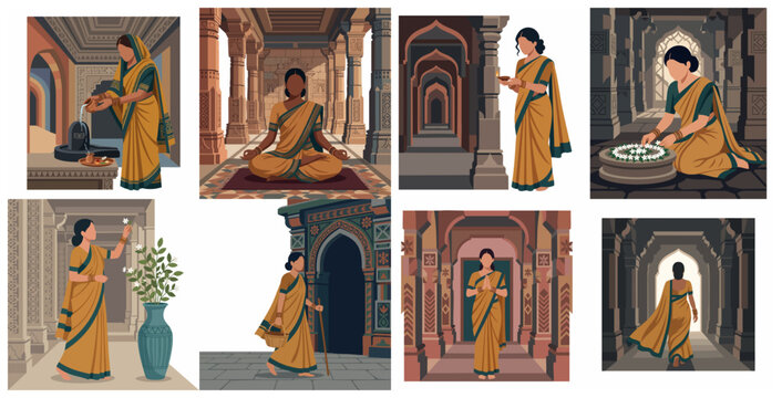 Vector illustration collection of an Indian woman in a traditional saree performing spiritual rituals and meditation inside an ancient temple.