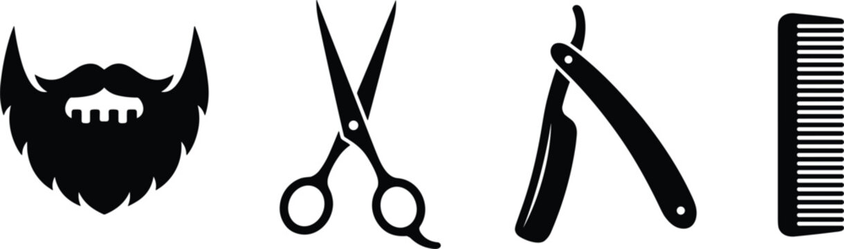Barbershop Grooming Icons Set Featuring Beard Scissors Razor and Comb Tools in Professional Vector Silhouette Style