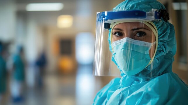 Dedicated female healthcare worker wearing protective medical gear while standing in a hospital hallway during a busy work shift today