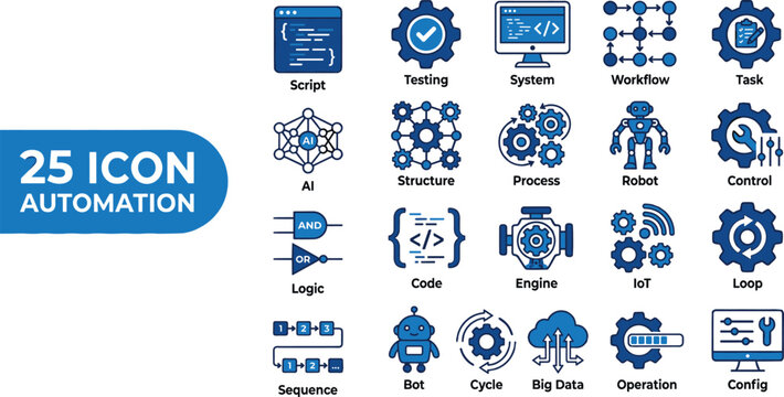 Automation icons vector illustration with AI, workflow, robot, code, big data, IoT, and process design