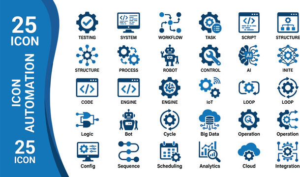 Automation icons vector illustration with AI, workflow, testing, robot, code, cloud, analytics, and integration design