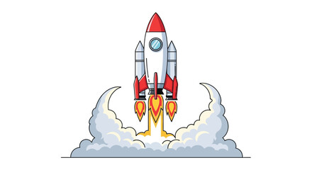 A colorful vector rocket ship launching with flame trails and smoke depicted as a silhouette spacecraft missile vehicle launch liftoff © Creativeakash393