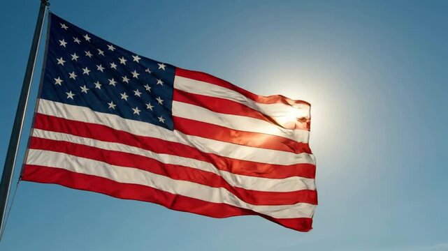 American flag waving proudly against bright sunny blue sky with lens flare united states stars and stripes