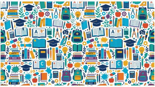 Education background with school supplies and learning elements seamless pattern.