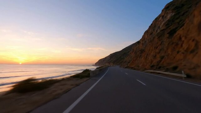 Scenic coastal highway drive at sunset, pacific coast road trip along ocean cliffs, california travel background