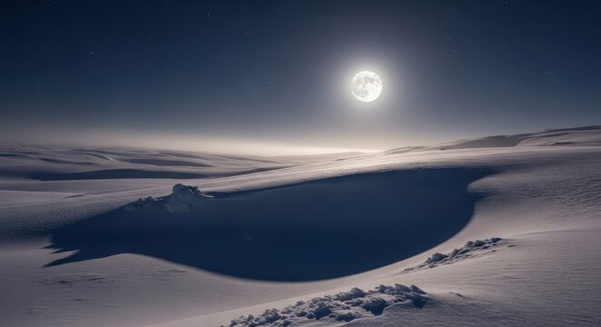 Serene moonlit landscape over frozen river and snowy terrain