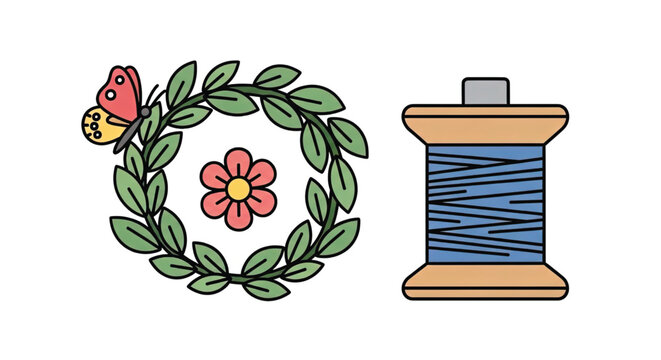 Spool of blue thread and floral wreath.