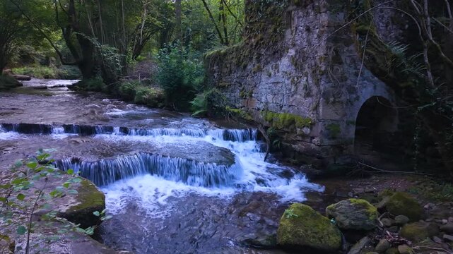 Landscape along a river near San Pedro del Romeral. Pas-Miera region. Pasiegos Valleys. Cantabria. Spain. Europe