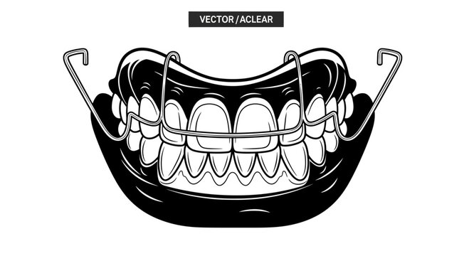 Black and White Vector Illustration of Orthodontic Dental Retainer on Teeth