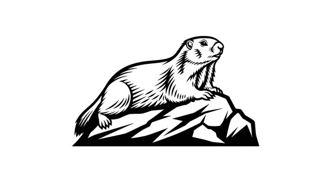 Black and White Woodchuck Illustration on Rock