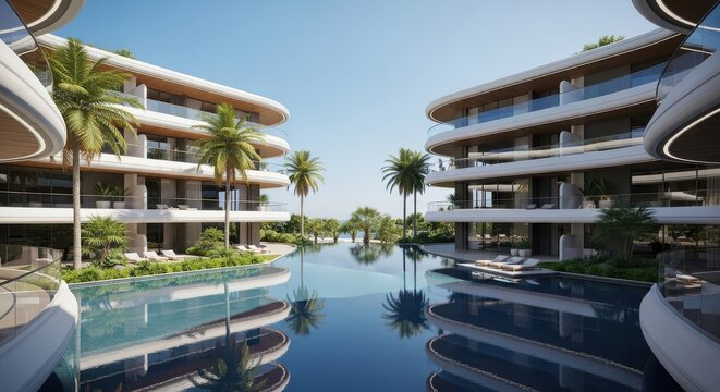 Modern luxury residences with infinity pool and tropical landscaping
